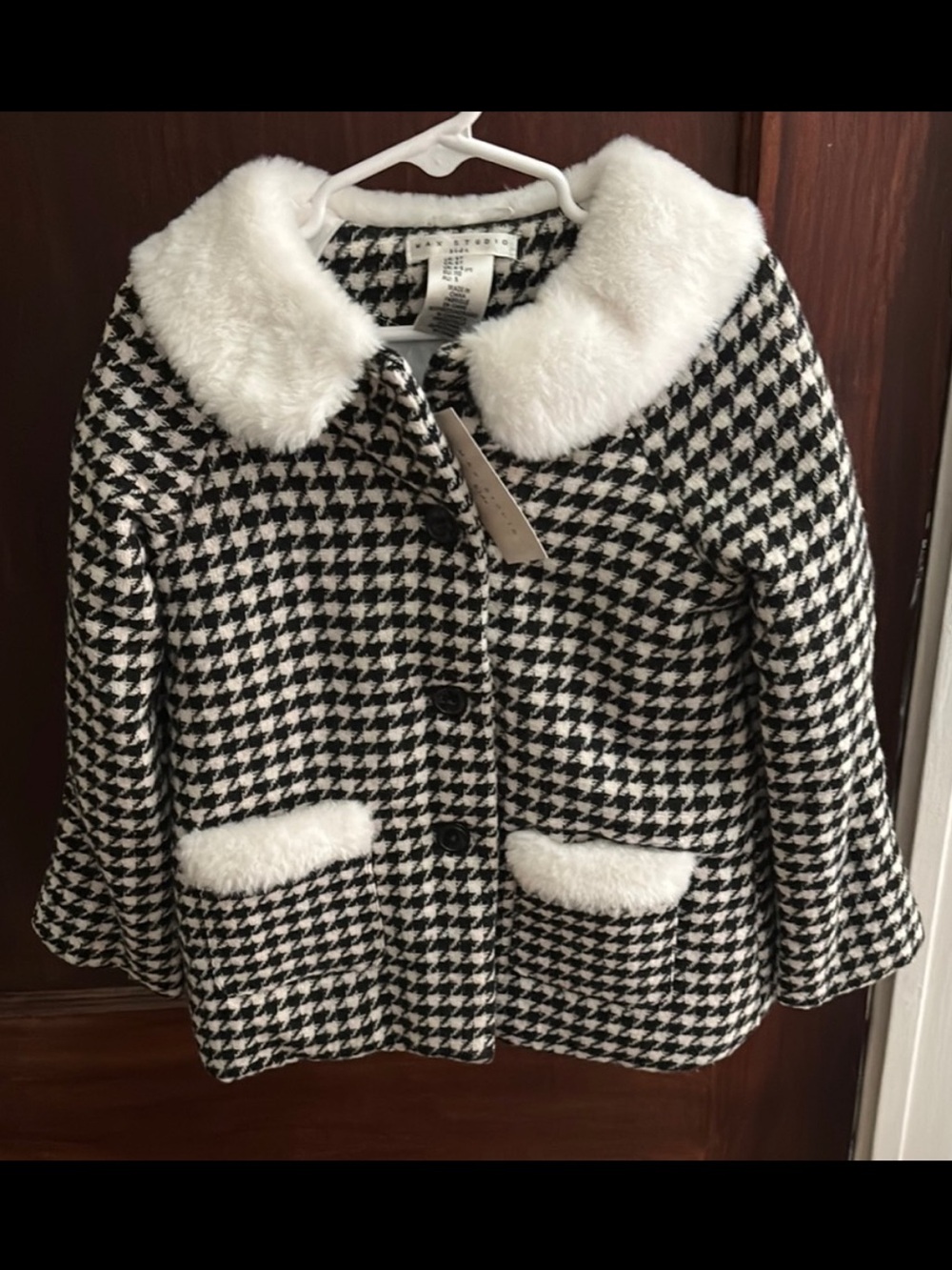 5t Girls New Max Studio Black & White Houndstooth Coat with Faux Fur Trim